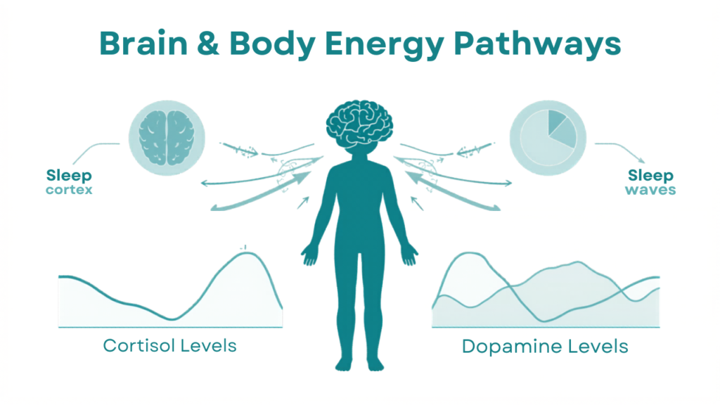 diagram showing brain energy pathways, cortisol cycle, and sleep stages affecting daily focus and energy