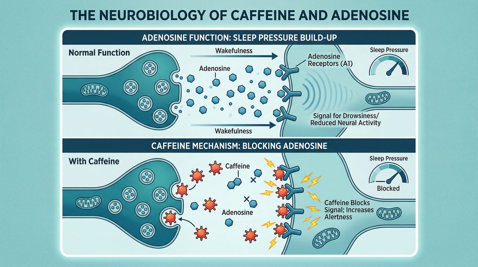 illustration showing caffeine blocking adenosine receptors in the brain, sleep pressure build-up cycle, teal scientific diagram