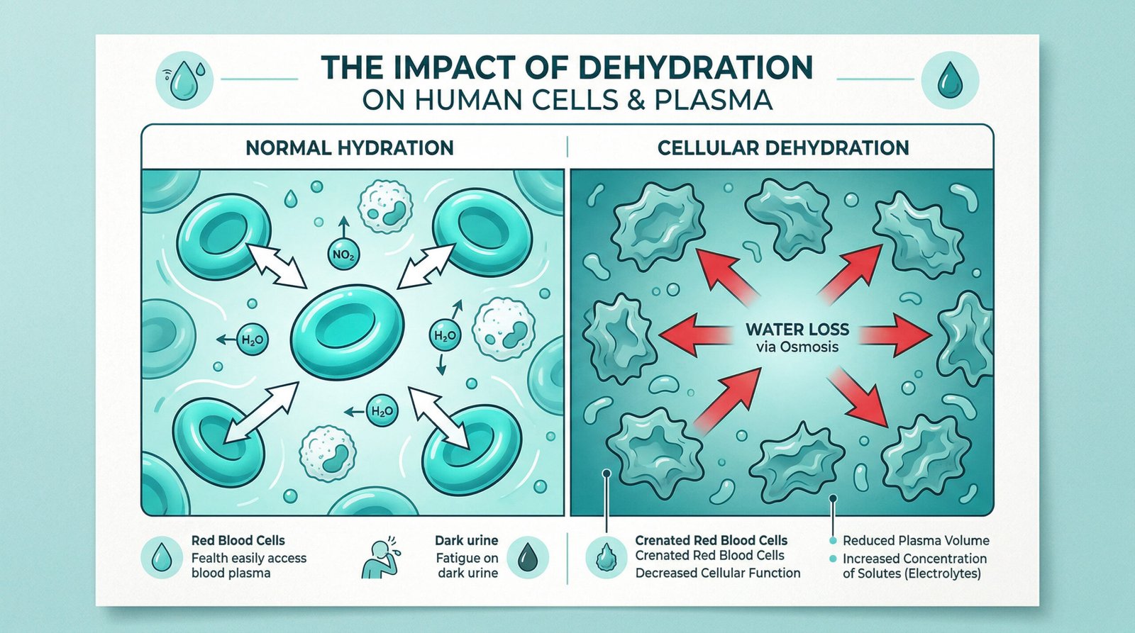 illustration of human body cells and blood plasma showing cellular dehydration process, teal minimal health diagram