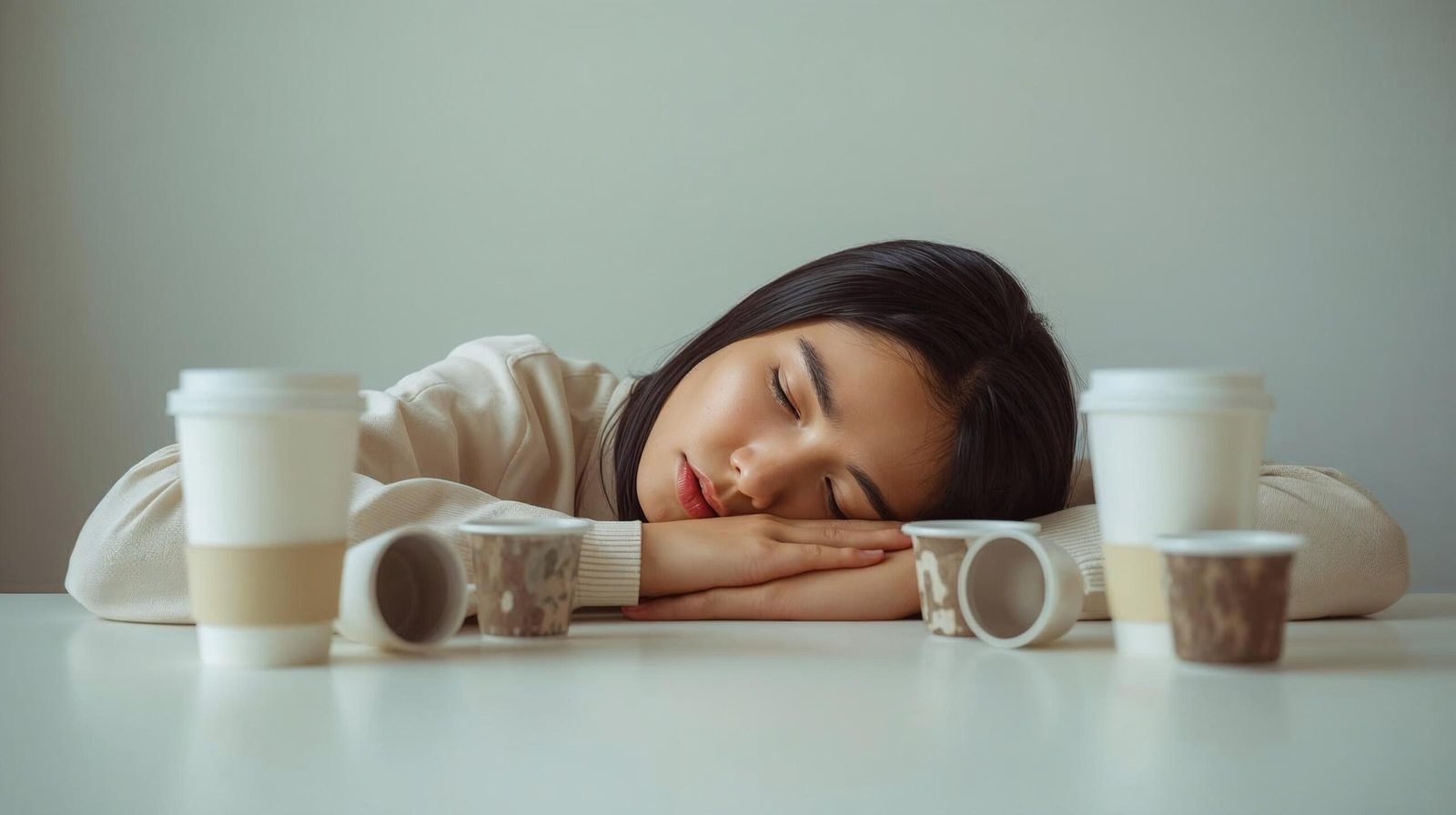 person exhausted at desk surrounded by empty coffee cups showing caffeine dependency and afternoon energy crash