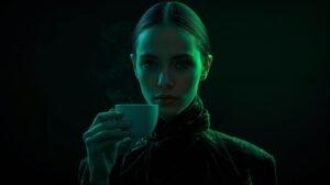 person drinking coffee first thing in the morning looking tired and groggy, warm kitchen light, relatable everyday moment