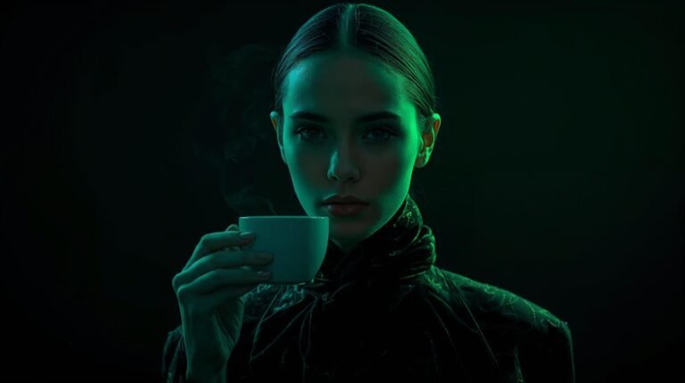 person drinking coffee first thing in the morning looking tired and groggy, warm kitchen light, relatable everyday moment