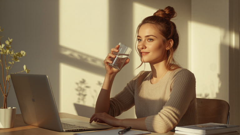 focused energized person at a clean desk in warm morning light, alert and productive