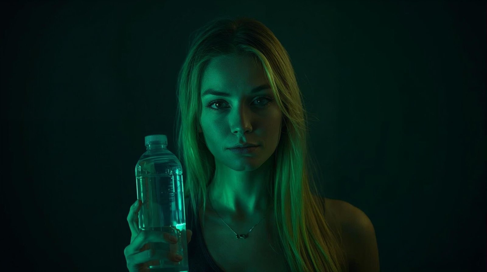 tired person sitting at desk with an untouched glass of water nearby, looking fatigued and foggy, warm natural light