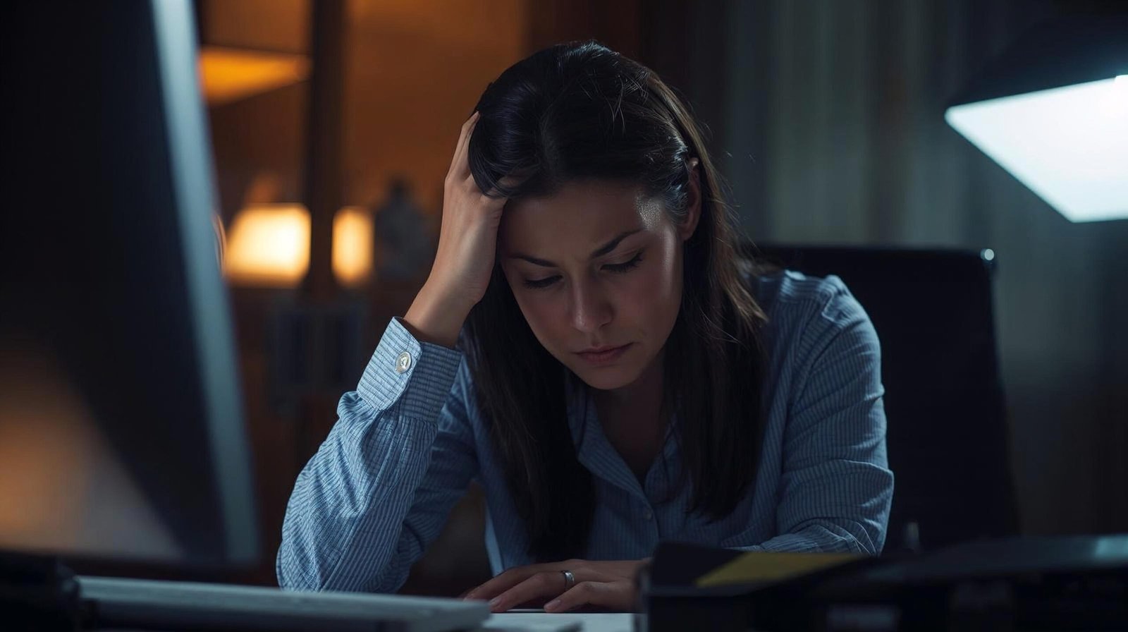 person rubbing temples with a tension headache at their desk, looking foggy and drained, classic dehydration symptoms