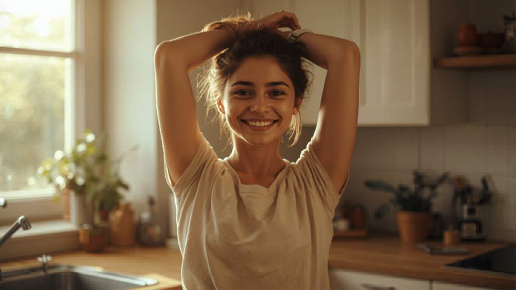 energized person stretching in morning sunlight after starting daily habits routine to boost energy and focus