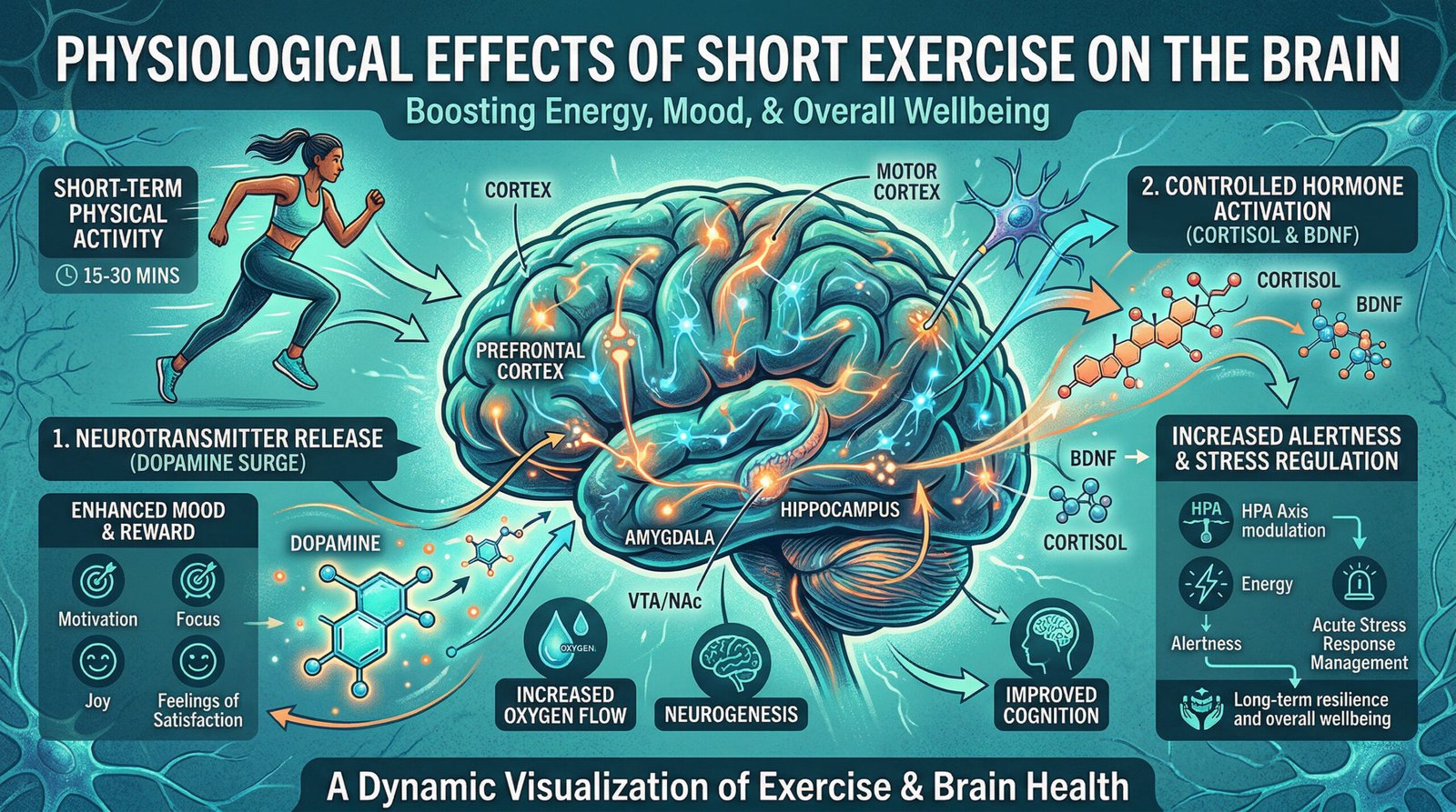 diagram showing how short exercise triggers dopamine and cortisol for energy, teal health infographic