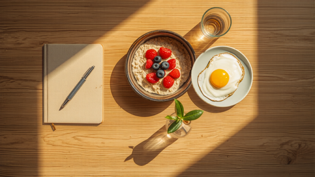 healthy morning routine flat lay with water glass, eggs, oats and running shoes to boost daily energy and focus