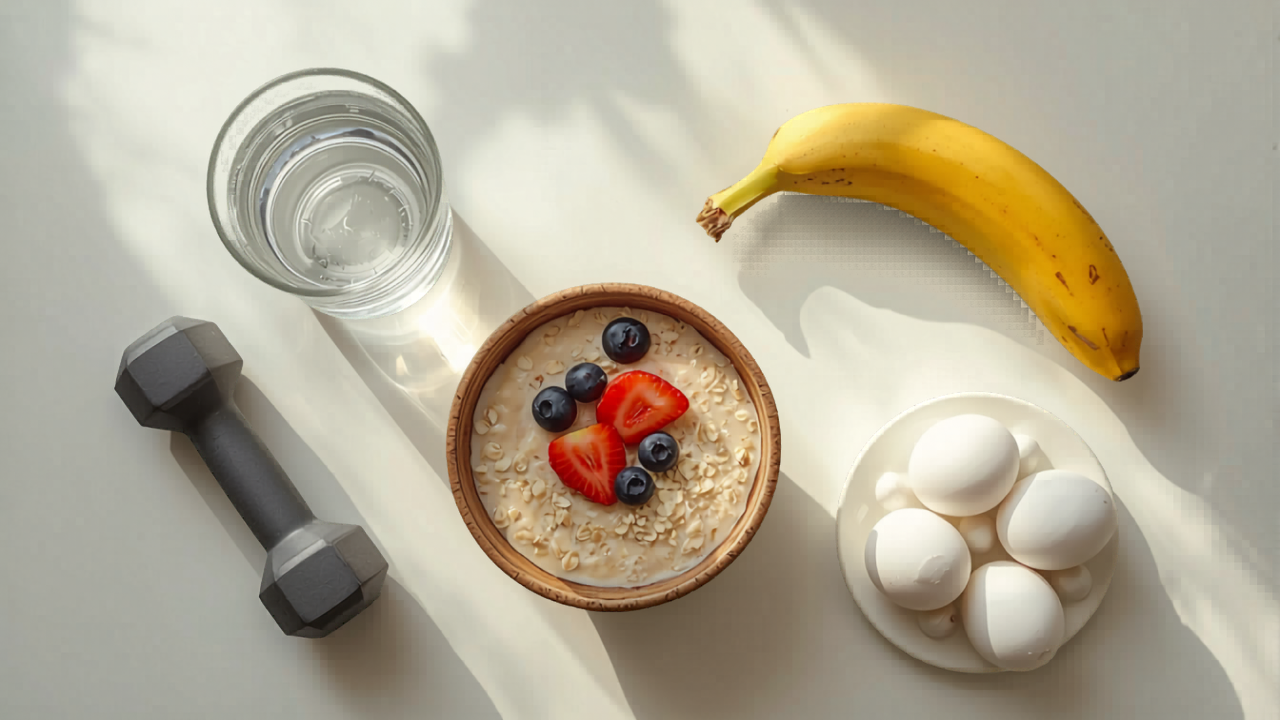 healthy morning routine flat lay with water, oats, eggs and banana to boost daily energy