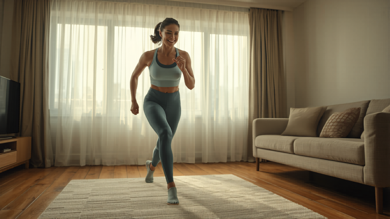 person doing jumping jacks in bedroom with no equipment, energized home workout for daily energy boost