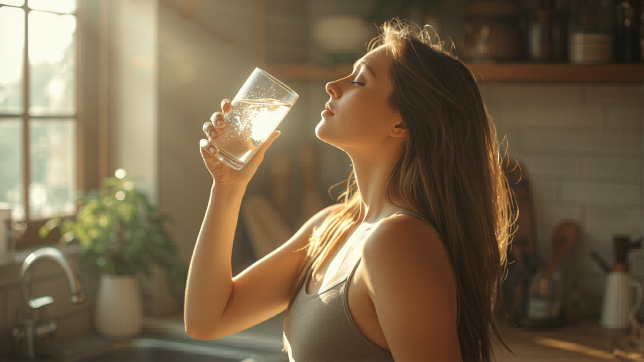 person drinking a large glass of water intentionally at kitchen counter in the morning, calm refreshed healthy habit