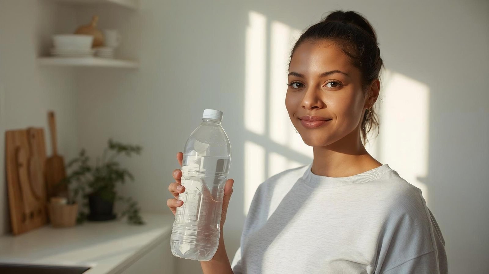 alert energized person holding a large water bottle in bright morning kitchen, clear-headed and refreshed after hydrating properly