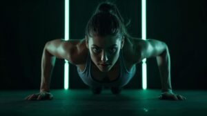 person doing bodyweight workout in small apartment living room, athletic wear, morning light, no gym equipment