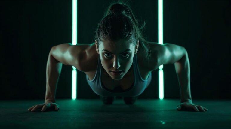 person doing bodyweight workout in small apartment living room, athletic wear, morning light, no gym equipment
