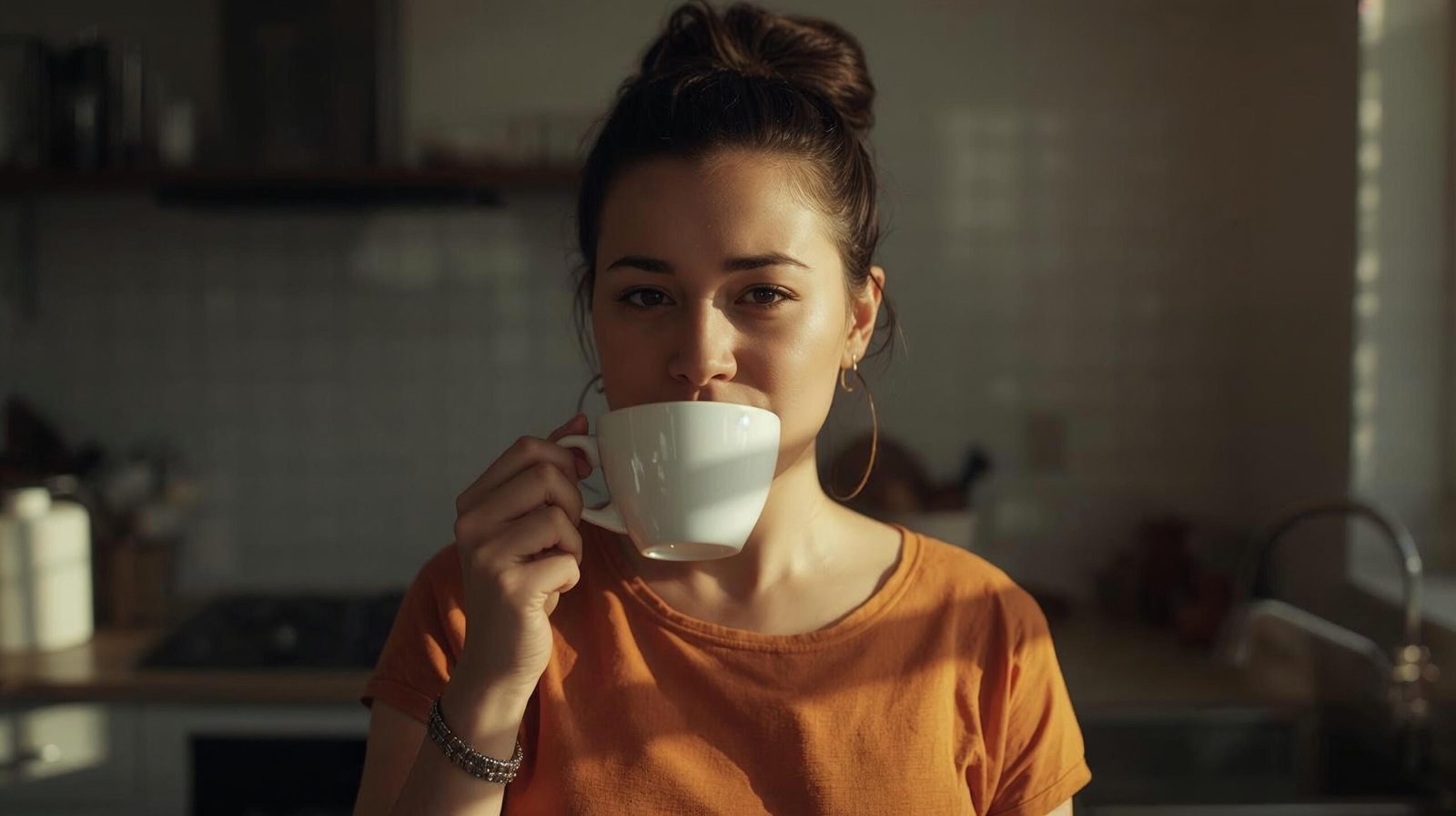 calm energized person drinking coffee intentionally at the right time in a bright kitchen, optimized morning routine