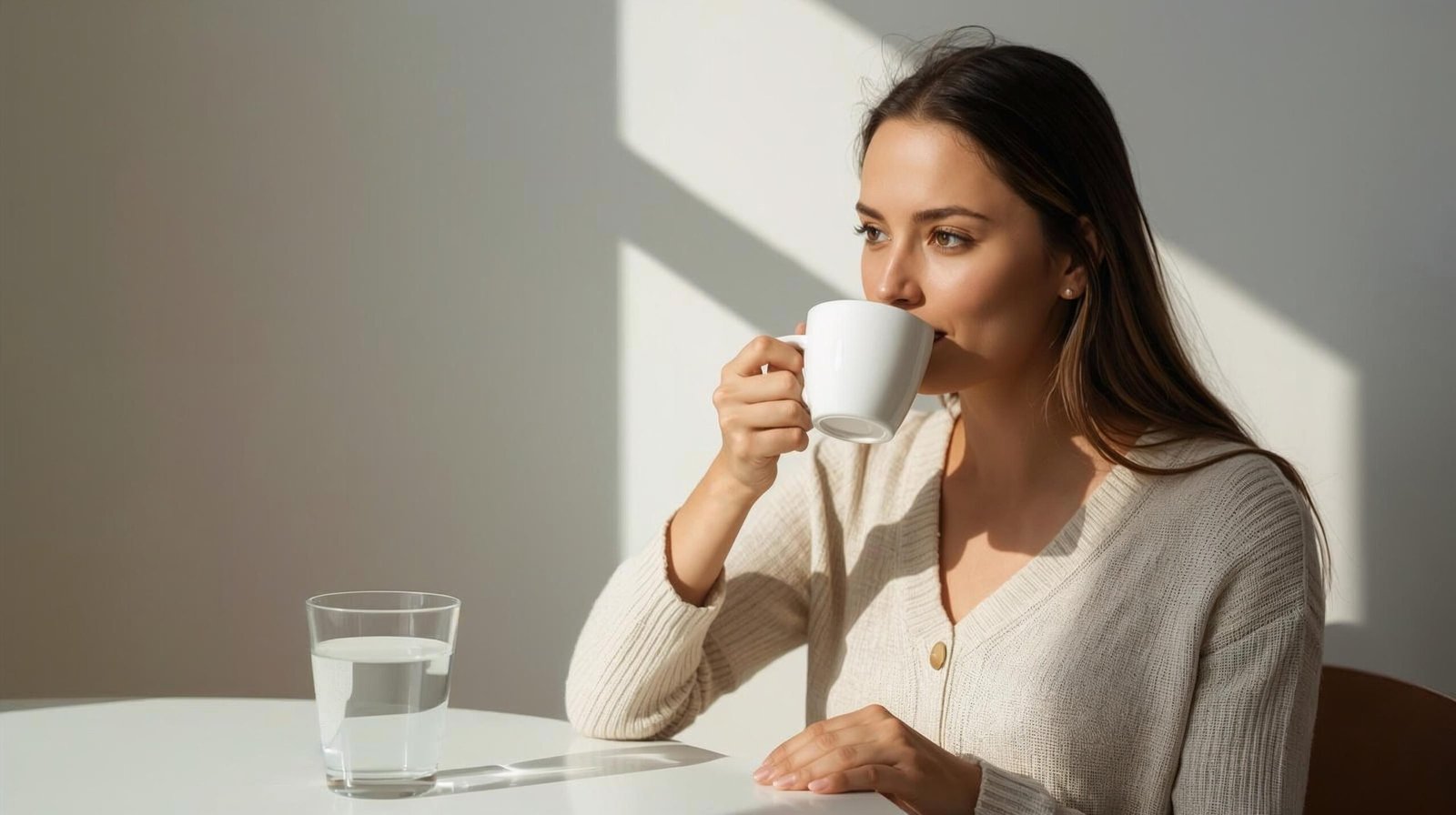 person drinking coffee intentionally after breakfast with a glass of water nearby, calm mid-morning light, healthy coffee habit