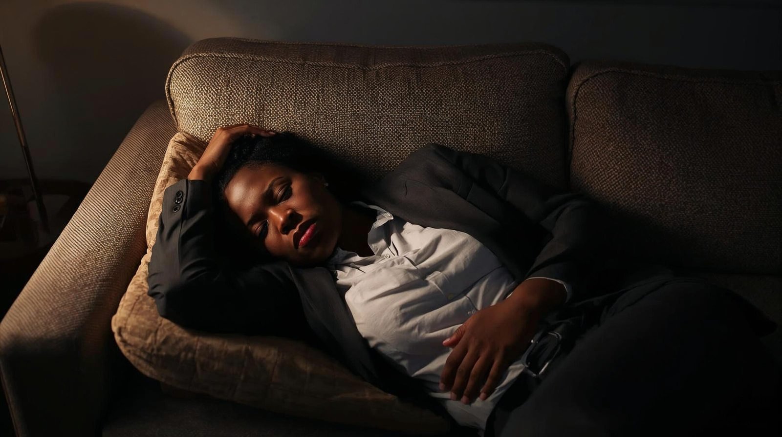 exhausted person slumped on couch after work in work clothes, low energy and unmotivated to exercise