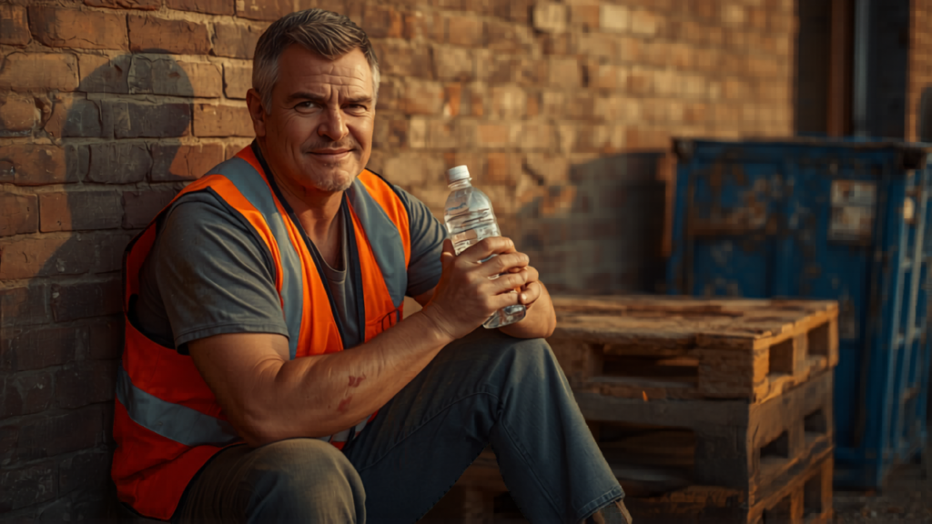 warehouse worker taking a short break drinking water, showing recovery from daily fatigue and low energy at work