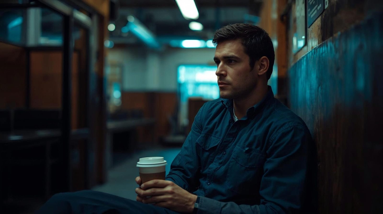 warehouse worker sitting on break with coffee cup, honest industrial break room setting, authentic unglamorous real-life moment