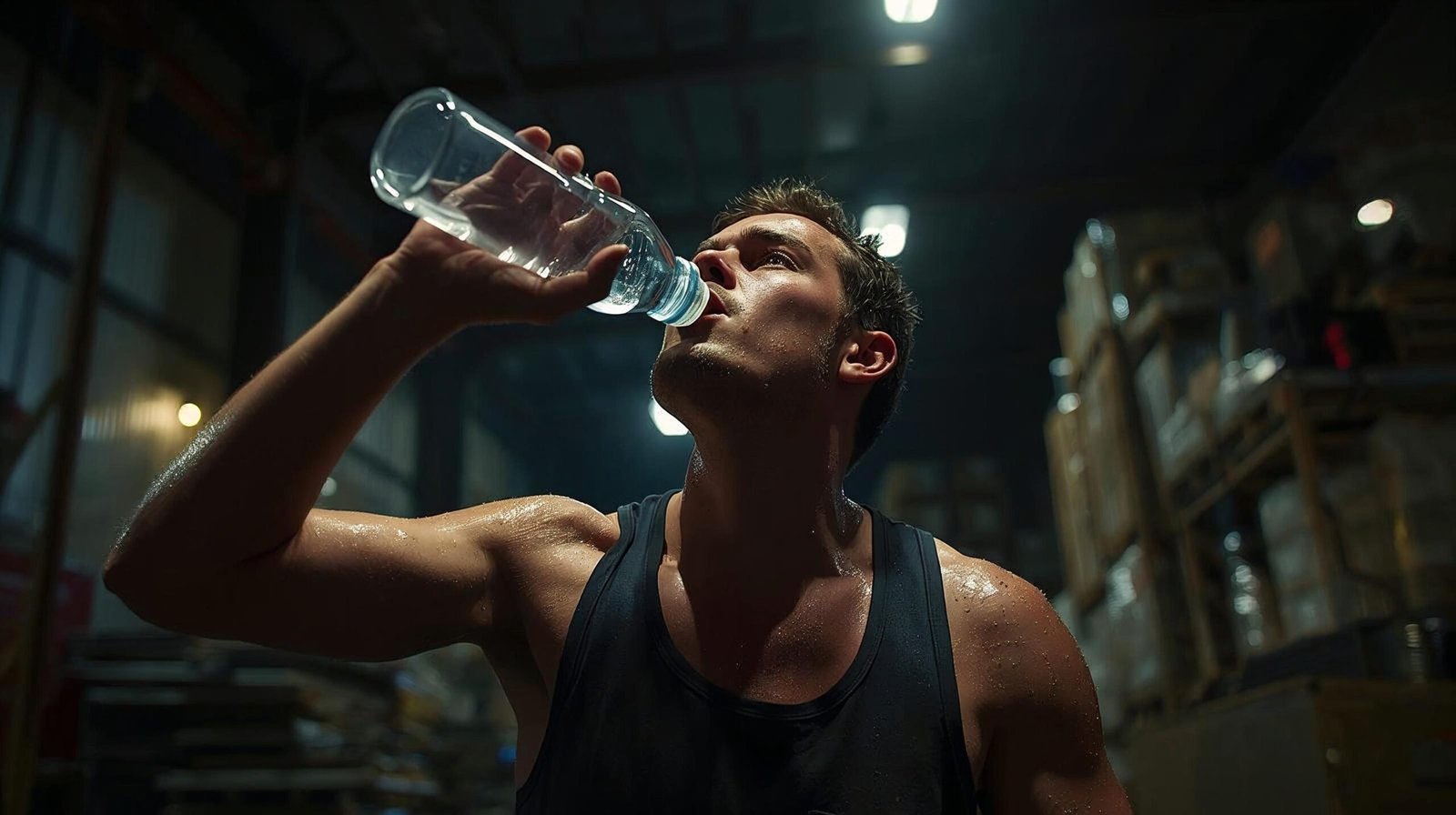 warehouse worker drinking water from bottle on break, sweaty and tired but recovering, authentic industrial setting