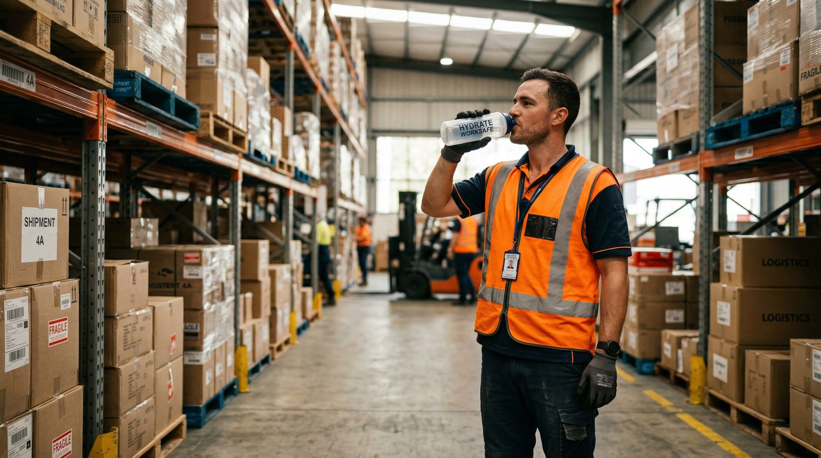 warehouse worker sitting outside on break drinking water, looking calm and recovered from mental fatigue