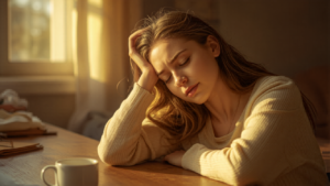 tired person sitting at desk in morning light with coffee cup, looking exhausted