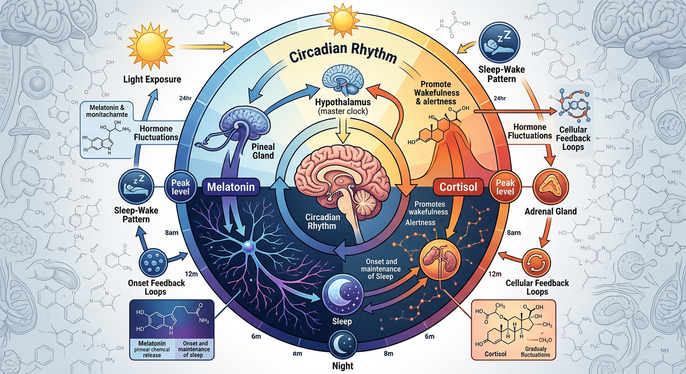 diagram showing circadian rhythm melatonin and cortisol levels affecting natural sleep quality