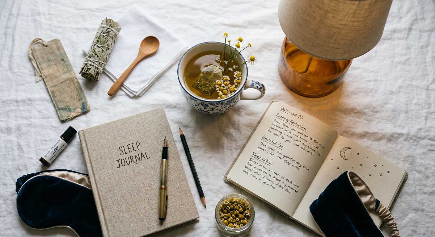 flat lay of natural sleep routine with chamomile tea dim lamp and sleep journal on white surface