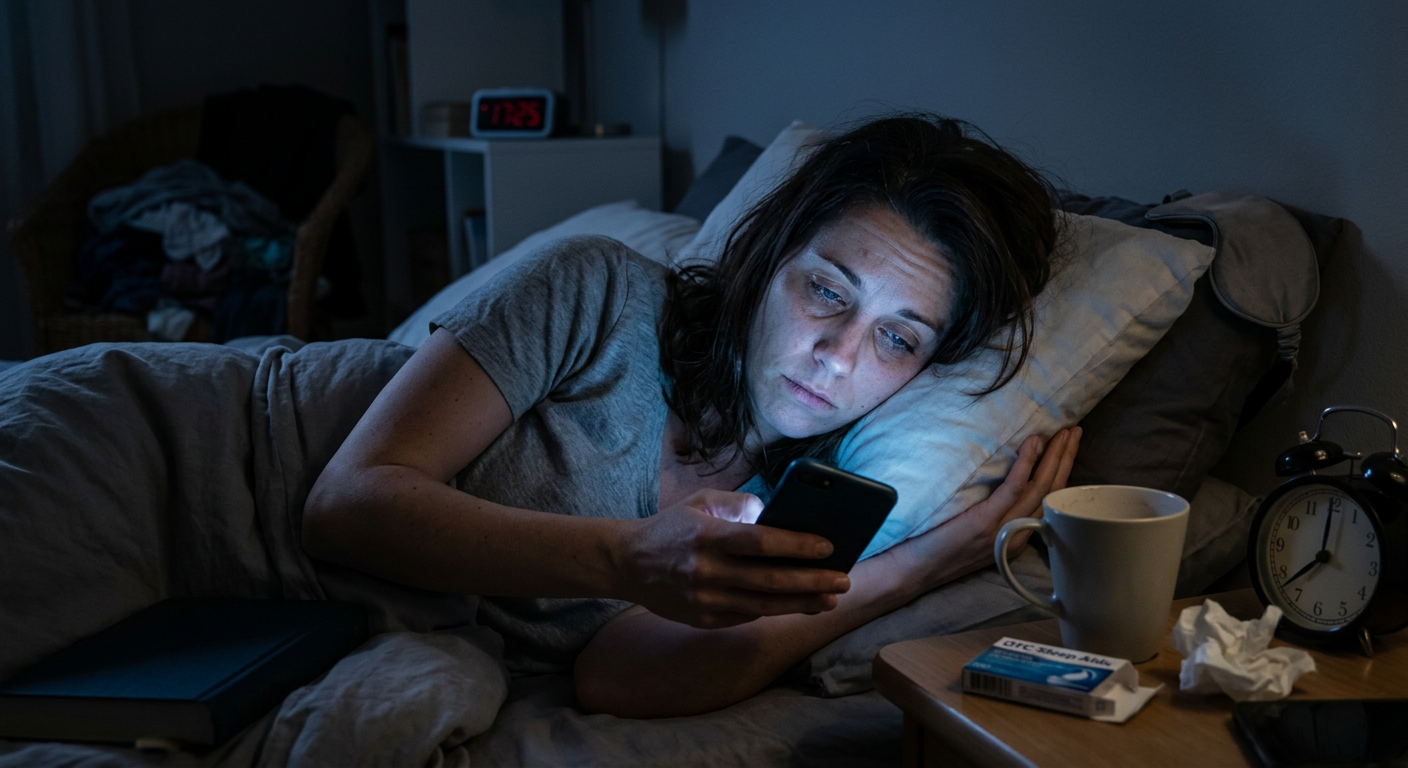 tired person scrolling phone in dark bedroom with blue light, signs of sleep problems