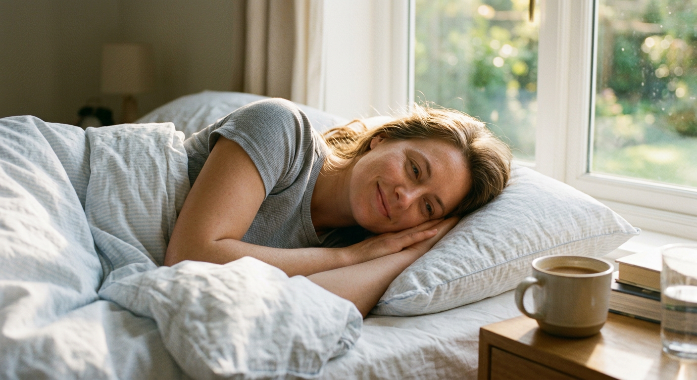 person waking up naturally in morning sunlight looking rested and peaceful after better sleep