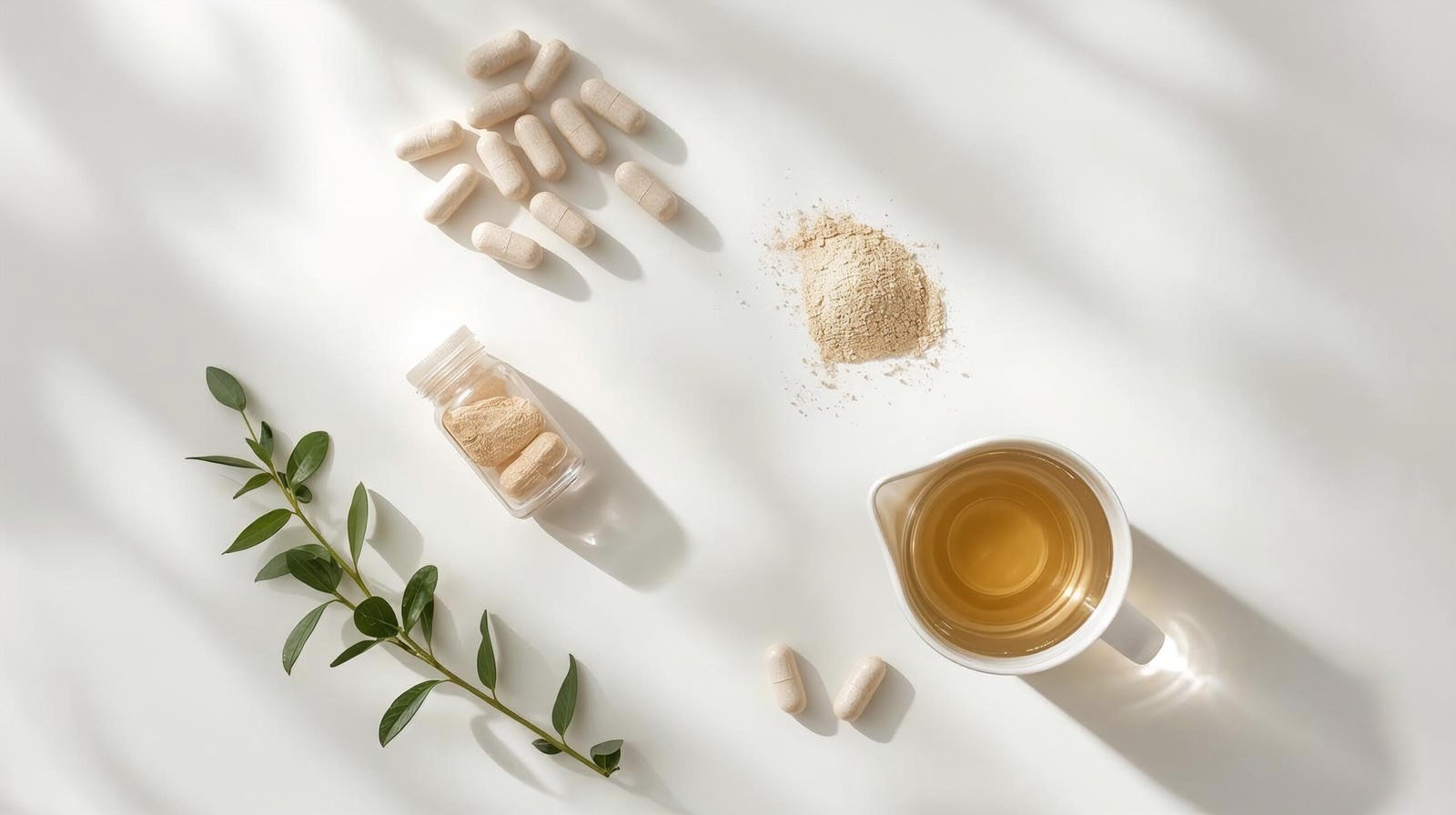 flat lay of adaptogen supplements ashwagandha capsules rhodiola powder and herbal tea on clean surface