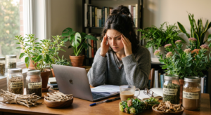 stressed person at desk surrounded by adaptogen herbs like ashwagandha and rhodiola in natural light