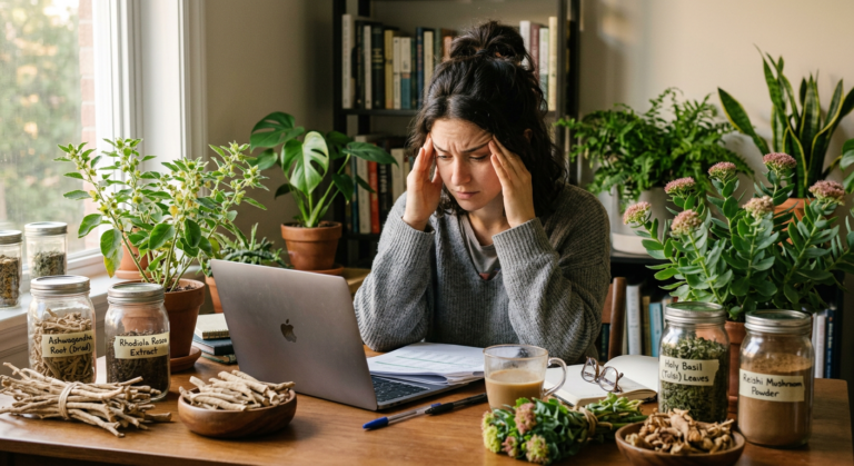 stressed person at desk surrounded by adaptogen herbs like ashwagandha and rhodiola in natural light