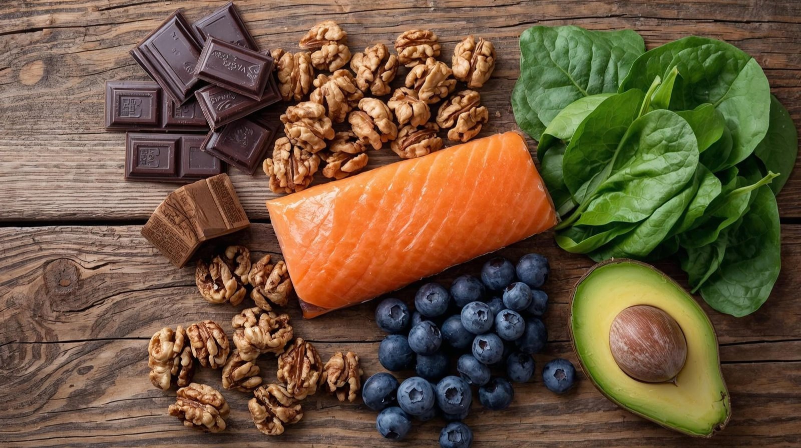 flat lay of anti-stress foods on wooden table — dark chocolate, salmon, walnuts, spinach, blueberries, avocado