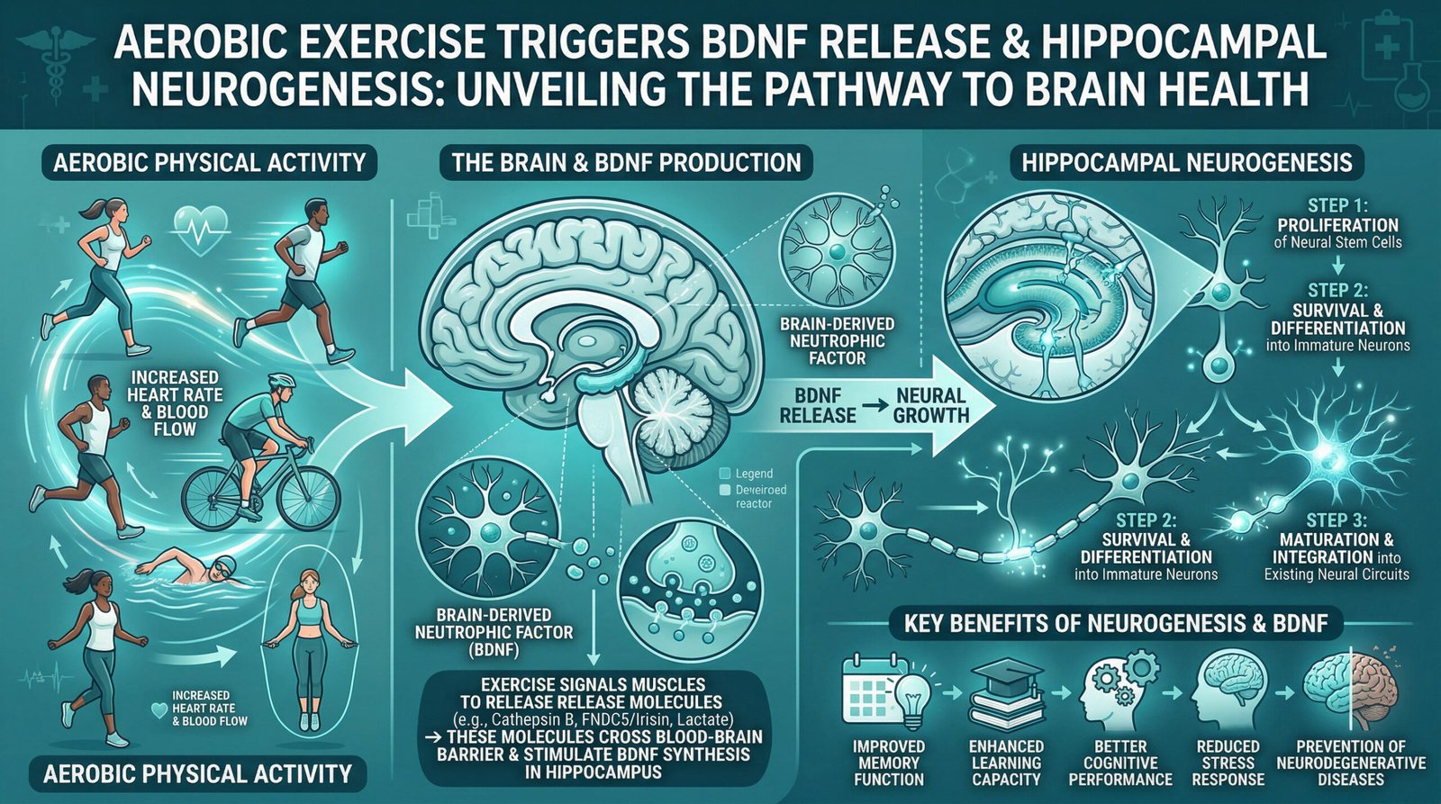 diagram showing aerobic exercise triggering BDNF release and hippocampal neurogenesis, teal white infographic