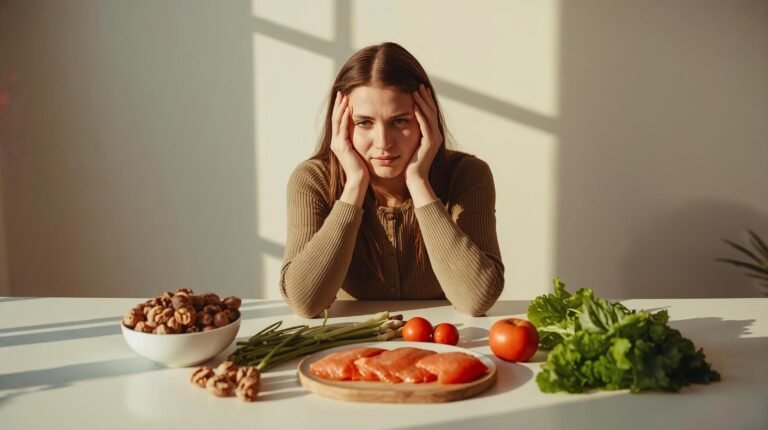 stressed person at kitchen table surrounded by healthy foods — salmon, walnuts, leafy greens — warm morning light