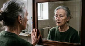 person looking in mirror, reflection showing older appearance than expected, concept of biological aging