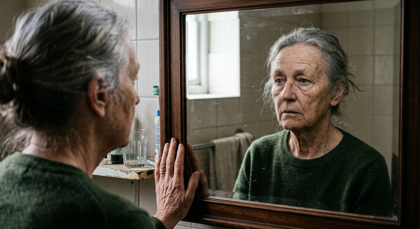 person looking in mirror, reflection showing older appearance than expected, concept of biological aging