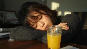 person slumped at desk in the afternoon with a sugary drink nearby, looking drained and unfocused, blood sugar energy crash