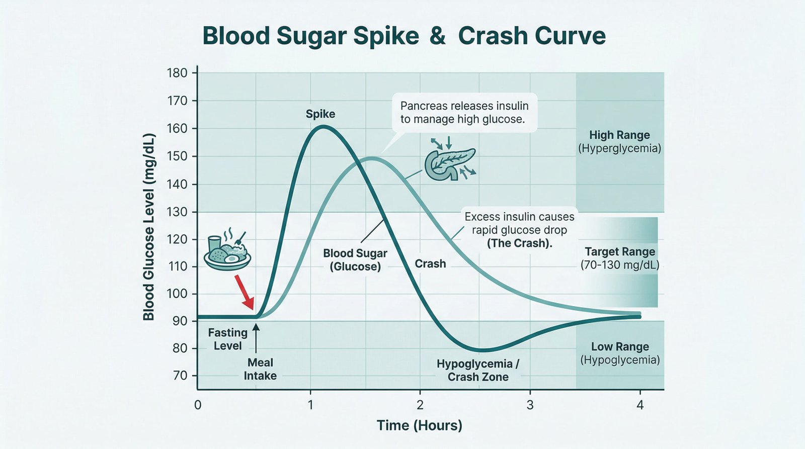 illustration of blood sugar spike and crash curve with insulin response, teal minimal health infographic science diagram