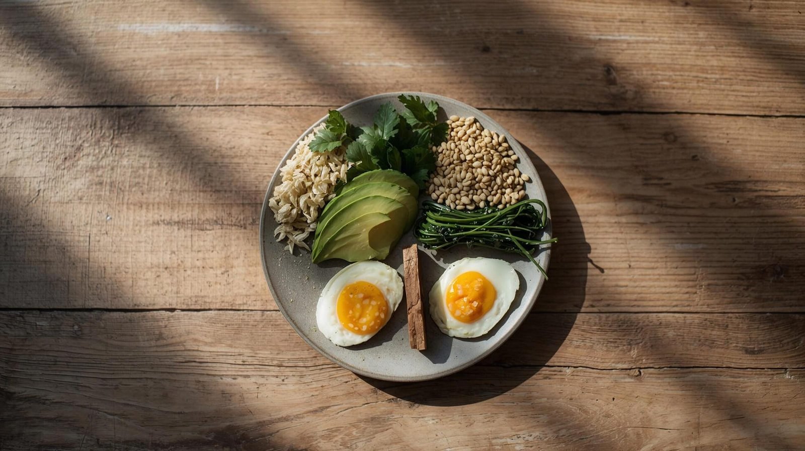 balanced meal with eggs avocado leafy greens and whole grains on wooden table, blood sugar stabilizing foods warm natural light