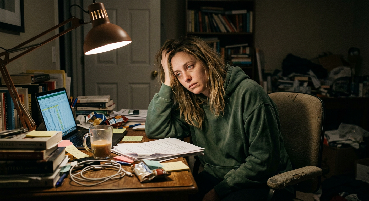 a woman experiencing brain fog and difficulty concentrating at desk, looking mentally drained