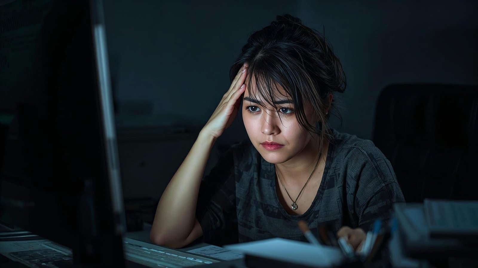 person rubbing temples at a desk looking mentally foggy and exhausted, brain fog symptoms