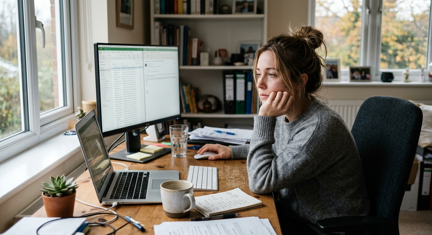 a woman sitting at desk looking mentally foggy and unfocused, signs of sedentary lifestyle and low aerobic fitness