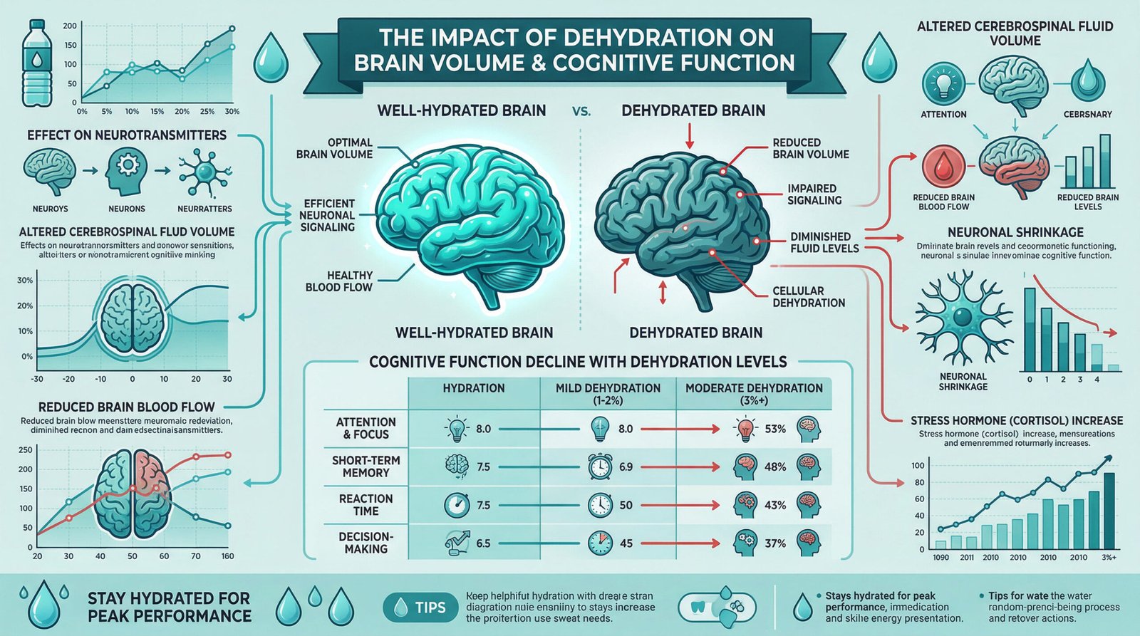 diagram showing how dehydration affects brain volume and cognitive function, teal white infographic