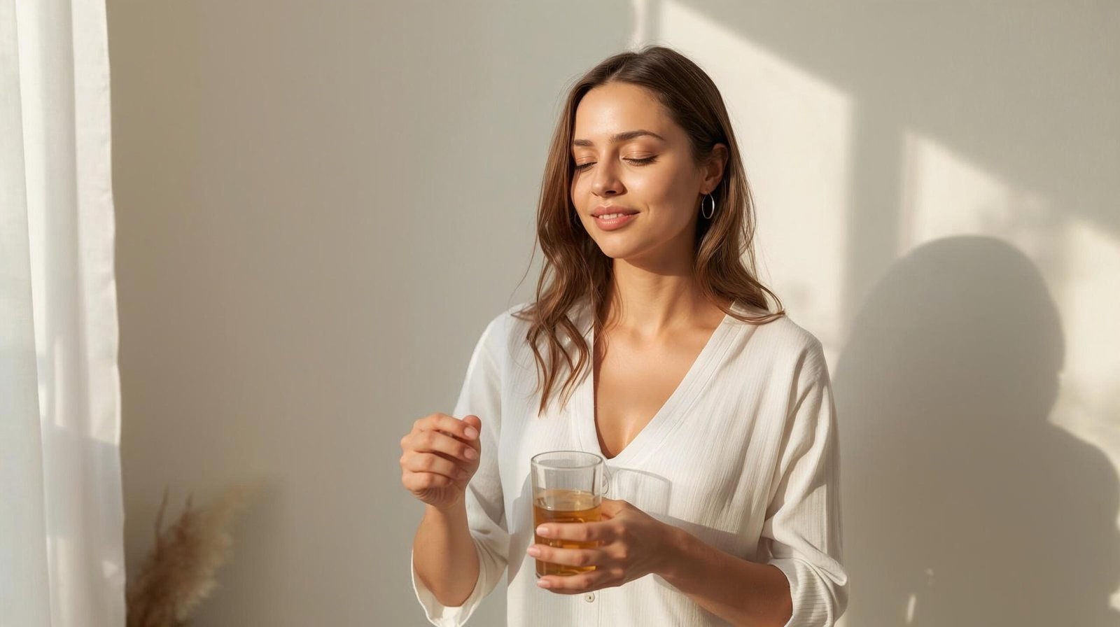 calm and energized woman in morning light preparing herbal adaptogen drink, showing stress-free outcome