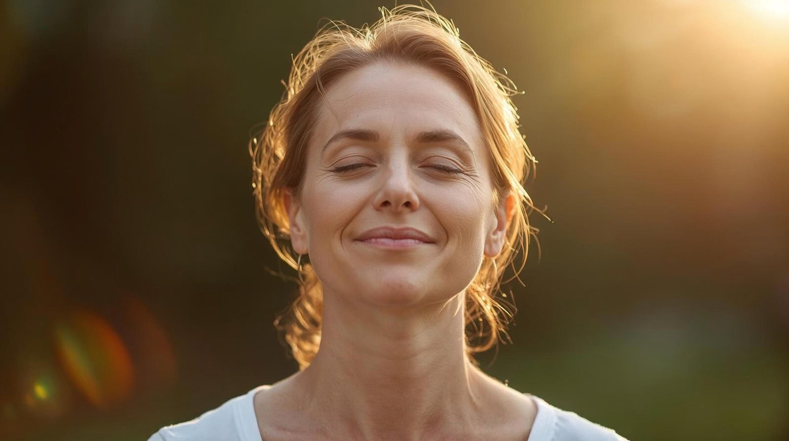 person looking visibly calm and relaxed with soft expression sitting in natural outdoor light after nervous system regulation practice