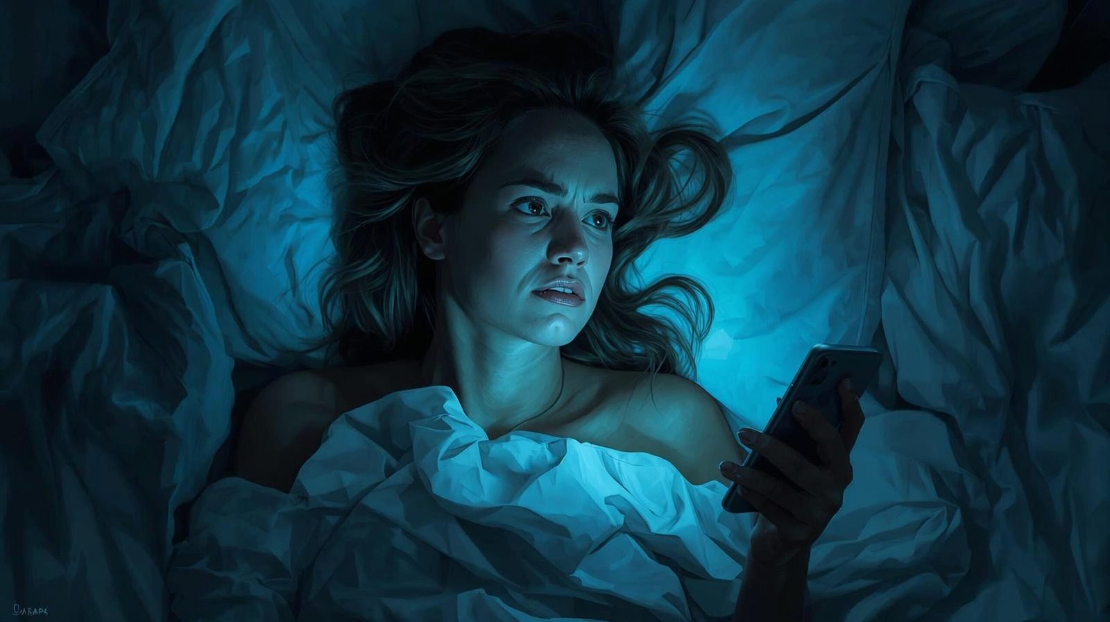 person lying awake at night staring at ceiling with phone screen glow nearby, frustrated and unable to sleep, dark bedroom
