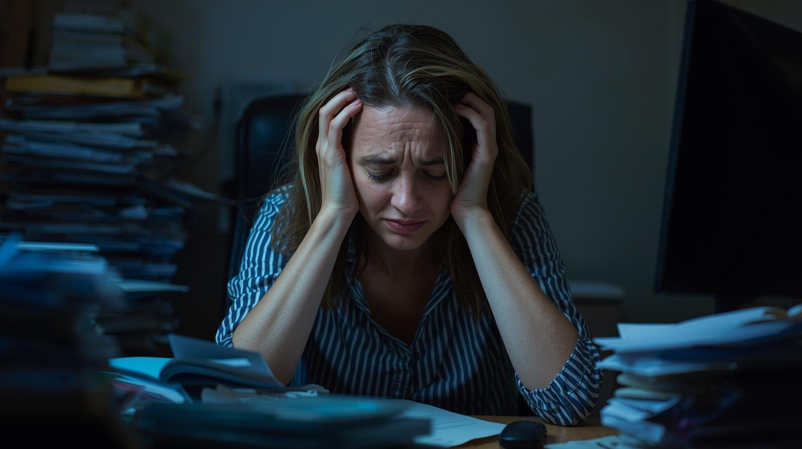 a woman looking exhausted and overwhelmed at work, showing signs of chronic stress and burnout
