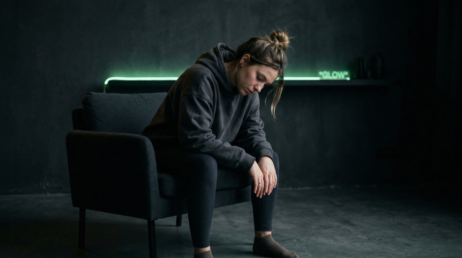 person overwhelmed at desk showing physical and mental symptoms of chronic stress — tense posture tired face